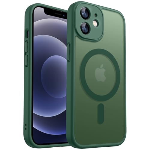 E-Lush Funda Magnética para iPhone 12 Compatible con MagSafe, Carcasa iPhone 12 Translúcida Mate Trasera Protección Grado Militar TPU+PC Carga Inalámbrica Case Cover, Verde