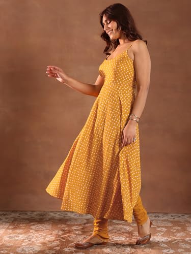 Image of Libas Mustard Bandhani Printed Anarkali Padded Kurta and Solid Churidar with Woven Design Dupatta | Ethnic wear | Bridal Suit | Occasion wear