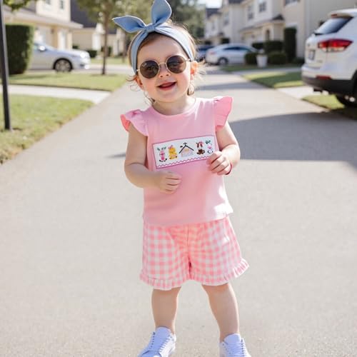 Toddler Baby Girl Farm Outfit Country Animal Flying Sleeve Tank Top Girls Plaid Shorts Set 2Pcs Kids Summer Clothes3