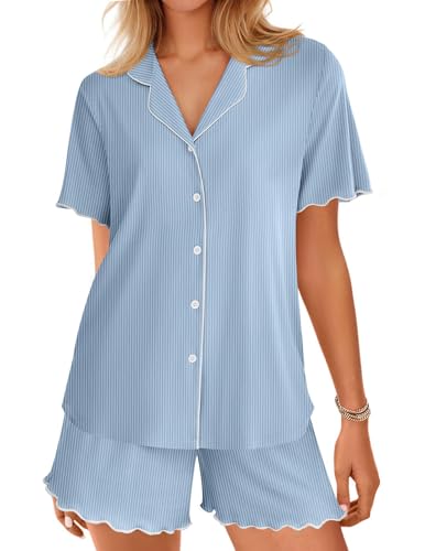 Image of Ekouaer Button Up Pajamas Set for Women Short Sleeve Ribbed Knit Sleepwear 2 Piece Pjs Shorts Set