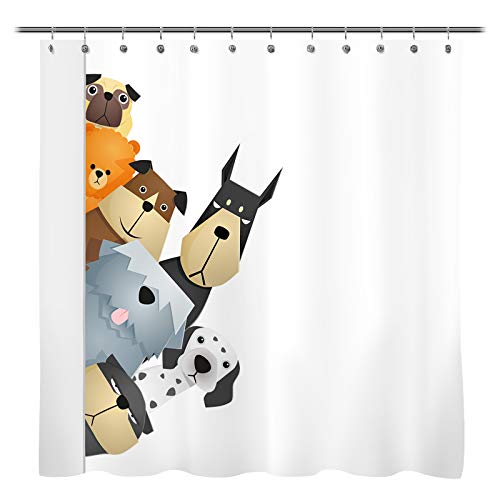 Sunlit Peekaboo Cute Dogs Curious Cartoon Puppy Fabric Shower Curtain for Kids Dogs Lovers, Tawny with Dalmatian Bulldog Pug Poodle Beagle, White