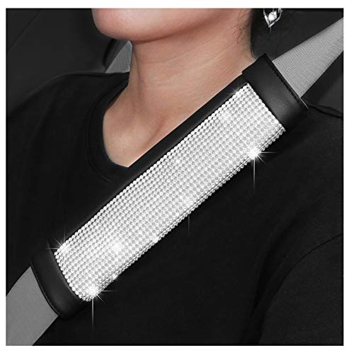 SEG Direct Diamond Seat Belt Pads Pack of 2, Black Microfiber Leather with Inlaid Silver Bling Bling Rhinestones