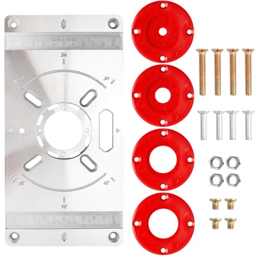 Wolfride Router Table Insert Plate Kit, Aluminum Router Plate with 4 X Red Router Insert Rings, 16 x Fixing Screws