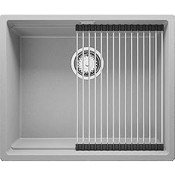 Fregadero Praga Fregadero Cocina 56 x 47 cm, Fregadero Granito Un Seno + Sifón Clásico, Fregadero Empotrado Prague 60 Level Slim de Primagran, Gris