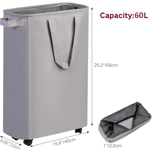 efluky Slim Laundry Hamper with Wheels, Rolling Laundry Basket for Clothes, Small Laundry Basket for Bedroom, Dorm and Laundry Room, 60L (12.7 Gallons) Grey