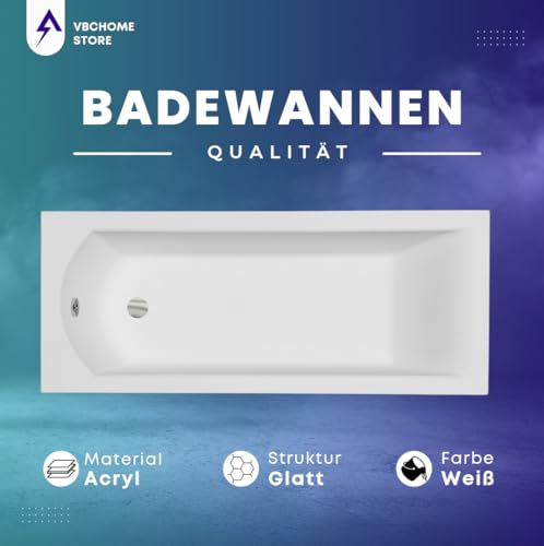VBChome Badewanne 180x80 cm Acryl SET Schürze Siphon Wanne Rechteck Weiß Design Modern Ablaufgarnitur in Chrom
