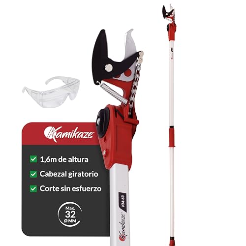 KAMIKAZE Tijera en Altura para Poda. Pértiga de 1,6m con Mecanismo Poleas Reductor de Fuerza. Cabezal Giratorio. Ideal para Poda de Ramas Altas y Paisajismo. Corta Ramas con Cuchillas de acero SK5.
