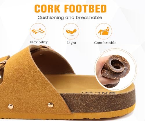 Image of ONCAI Womens Flat Slide Sandals with Arch Support 2 Strap Adjustable Buckle Slip on Slides Shoes Non Slip Rubber Sole