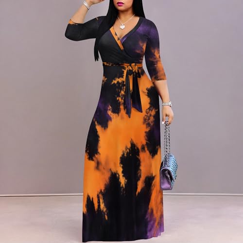 Image of PinkPatty Women's Print Maxi Dresses 3 /4 Sleeve Flowy Long Dress V Neck Wrap Tie Waist Sundress