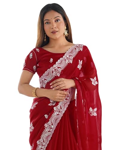 Image of SIRIL Women's Shimmer Chiffon Sequence Embroidery Saree With Unstitched Blouse Piece for Wedding and Parties