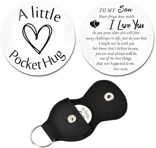 ShiQiao Spl To My Son Gifts from Mom Never Forget How Much I Love You Keychain for Son Birthday Christmas Gifts Pocket Hug Keychain Token for Son Motivational Inspirational Gifts with Leather Case