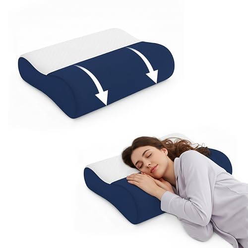 Image of Memory Foam Cervical Pillow, 220 GSM Jacquard Cover, Ergonomic Contour Design for Neck Alignment, 48 x 30 cm, Blue and White Dual Tone, Comfortable Sleeping Bed Cushion