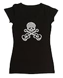 Womens Fashion T-Shirt with Skull W Guitars in Rhinestones (Small, Black Cap Sleeve)