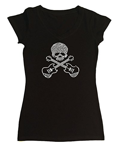 Womens Fashion T-Shirt with Skull W Guitars in Rhinestones (Small, Black Cap Sleeve)
