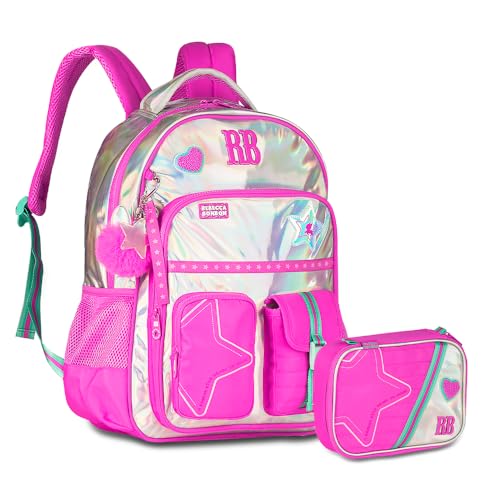 Kit Mochila Rebecca Bonbon Holográfica Grande Juvenil Poliéster Alça Carona Bolso Anti-furto Colegial Com Estojo Box 36 Elástico (RB27020 Rosa)