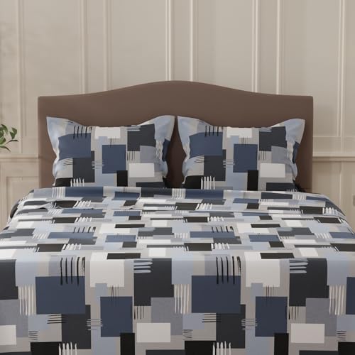 Image of Layers 100% Cotton Bedsheet for Double Size Bed | Lumina Floret Collection | 144 TC Soft & Breathable | Printed with 2 Pillow Covers | Wrinkle Free & Colorfast | 3 Piece Bedding Set - Navy Blue