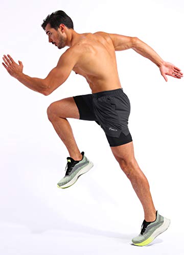 Pudolla Men’s 2 In 1 Running Shorts 5" Quick Dry Gym Athletic Workout Shorts For Men With Phone Pockets(Dark Grey Medium) #TOP5