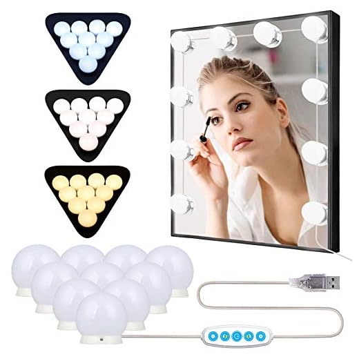 Anmossi Luces de Espejo Maquillaje,Lámparas Para el Espejo LED Estilo Hollywood con Interruptor y 10 Bombillas Regulables,3 Modos de Color y 5 Brillo,Diseño de Cable USB Luces de Espejo de Tocador