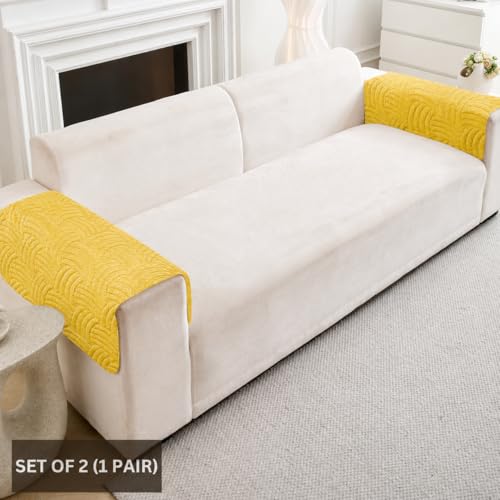 Image of HOMETHREADS Innovative Premium Velvet Sofa Cover Mat with PVC Backing for Non-Slip Comfort (C Yellow, 2Pc Armrest Mat | 50x70cm)