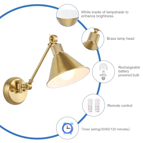 Image of TRLIFE Rechargeable Battery Operated Wall Sconces, Dimmable and Adjustable Color Temperature Wireless Wall Sconces Set of 2 with Remote Control, Gold Swing Arm Wall Light for Bedroom Bedside Hallway
