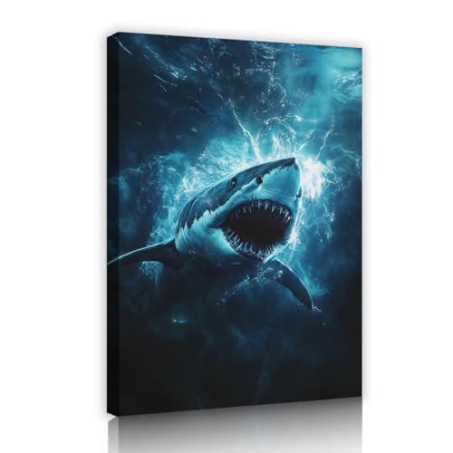 Impression sur toile requin de haute qualite avec cadre interieur en bois de 40x56cm