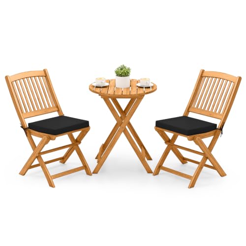 Image of Tangkula 3 Piece Patio Folding Bistro Set, Outdoor Acacia Wood Chair and Table Set w /Padded Cushion& Round Coffee Table, Ideal for Indoor Patio Poolside Garden (Black)