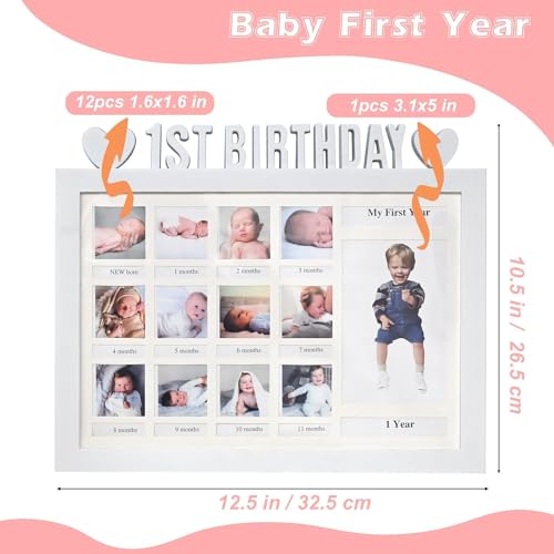 AIDIER Baby Bilderrahmen Erinnerung für Erste Jahr 12 Monate Fotorahmen Collage für 12 Fotos Fotocollage Baby Geburtsgeschenk für Neugeborene Babyparty Ersten Geburtstag Geschenke