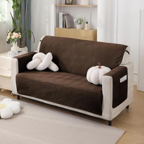 Image of HOKIPO Polyester Quilted 2 Seater Sofa Cover Mat with Pockets, Dark Coffee (NEW2-802-DCF)