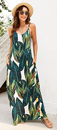 Image of Supnier Women's Summer Maxi Dress Casual V-Neck Sleeveless Bohemian Spaghetti Strap Floral Long Maxi Dress with Pockets