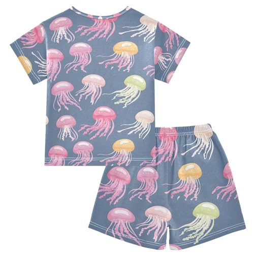 ALAZA Jellyfish Blue Cute Pajamas Set Short Sleeve Cotton Sleepwear Summer Pjs 2 Piece 5-14Y2