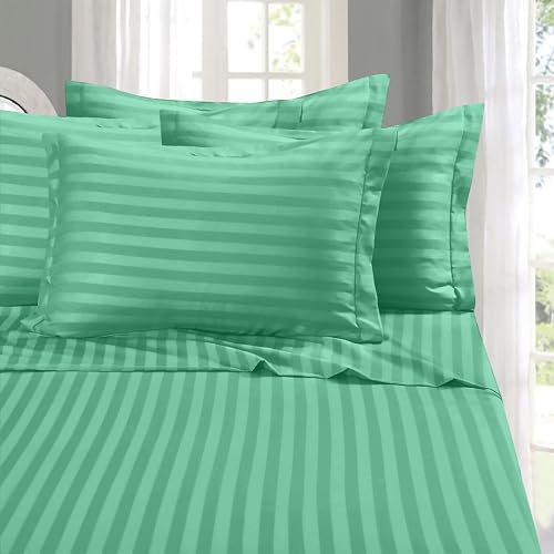 Image of Elegant Comfort Softest and Coziest 6-Piece Sheet Set - 1500 Premium Hotel Quality Microfiber - Deep Pocket, Wrinkle Resistant 6-Piece Damask Stripe Bed Sheet Set, California King, Paradise Teal