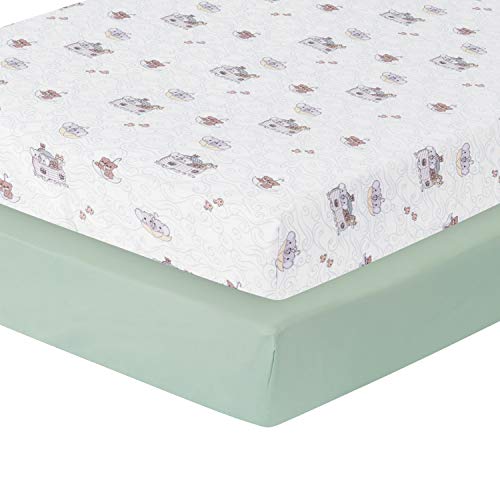 Image of Precious Moments Noah’s Ark Fitted Crib Sheet 2 Pack for Baby Boy by Everyday Kids; 1 Animals on the Ark Printed Crib Sheet and 1 Solid Bright Green; Adorable Wildlife Elephants, Giraffes, Bears Print