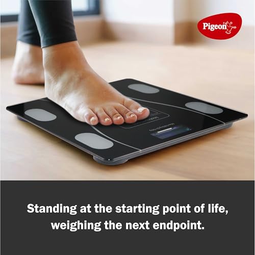 Image of Pigeon Ivory Smart BMI Weighing Machine for Body Weight with 18 Body Parameters Sync with Mobile App, Body fat Analyzer Machine, Weighing Scale with LCD Display, 36 Months Warranty, Black, 180 Kg