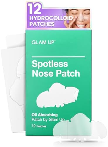 GLAM UP Spotless Nose Patch Hydrocolloid Coverage for Nose Pores, Zits and Oil - Overnight Strong Waterproof to Absorb Blackheads & Pimple Nose Gunk, and Calm with Tea Tree (12 Patches)