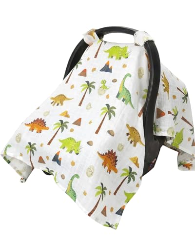 Image of Rquite Baby Boy Car Seat Cover, 100% Muslin Cotton Infant Carseat Canopy, Soft Breathable Stroller Sun Shade & Newborn Shower Gift, Large Size Universal Fit Summer, Hot & Warm Weather (Green Dinosaur)