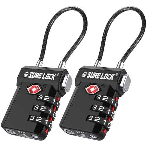 Image of SURE LOCK TSA Approved Luggage Locks with Open Alert Indicator, 3 Digit Combination Cable Travel Lock for Suitcase, Backpack, Gym Locker, Toolbox, Carry On & Travel Bag, BLACK 2 PACK, One Size, Modern