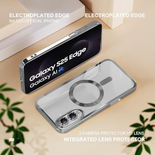 Image of VONZEE Clear Logo Electroplating Transparent Case for Samsung Galaxy S25 Edge 5G, Magnetic Plating [Support for MagSafe Charger] Electroplate TPU Cover - Grey