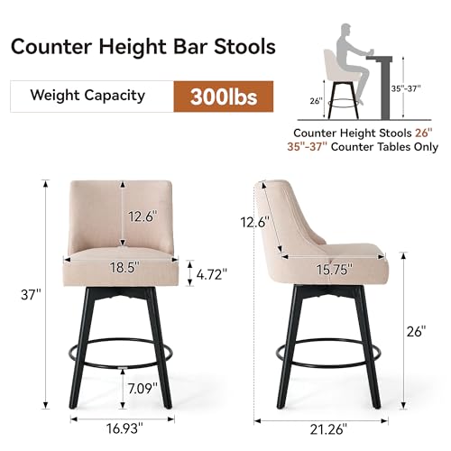 Image of Swivel Counter Height Bar Stools with Back, 26 inch H Seat Height Upholstered Fabric Counter Stools for Kitchen Island, Set of 2, Fabric in Flax Beige