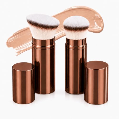 Pack de 2 Brochas de Maquillaje Kabuki Retráctiles, Cabezal Plano y Redondo, Color Cobre, para Base, Colorete, Polvos, Iluminador y Productos Líquidos o en Crema, Cerdas Suaves, Formato de Viaje