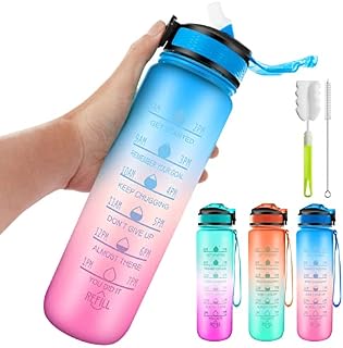 AMYANT 1000ml 1L Tritan Water Bottle with Straw & Motivational Time Marker, Leakproof BPA Free ,Ensure You Drink Enough Water Throughout The Day for Fitness and Outdoor Enthusiasts (Blue&pink)