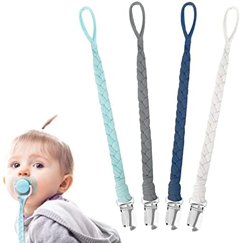 4 Pack Dummy Clip, BPA Free Dummy Clip Boys Cotton Dummy Clips for Baby Braided Pacifier Clips for Newborn Boys Girls Essentials Baby Teething Shower Clips Cover