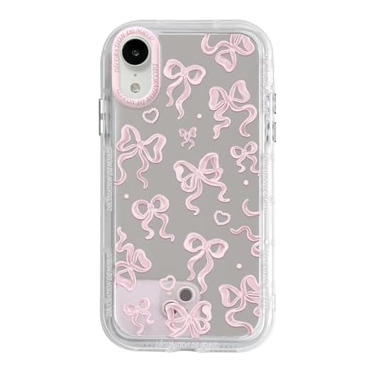 NITITOP Coque pour iPhone XR Mignon Miroir Arc Amour Coeur Motif pour Femmes Filles Ruban Conception Antichoc Brillant Couverture - Rose Pale Noeud2