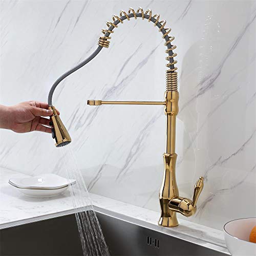 Lovedima Modern Gold Kitchen Faucet With Pull Down Sprayer, High Arc Single Handle Swiveling Kitchen Sink Faucet Lead-Free Solid Brass Kitchen Faucet (Gold) #TOP2