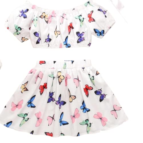 NISHIKA FASHION Baby Girl White Butterfly Printed Festive/Party Knee Length Off-Shoulder Top and Skirt Set (1 -6 year)