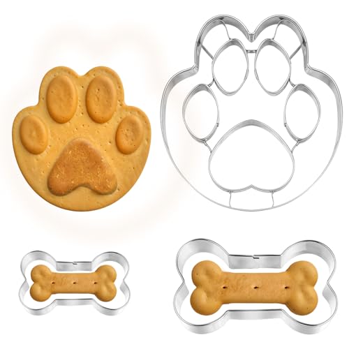 TIESOME Lot de 3 emporte-pièces en forme d'os en acier inoxydable - Patte de chien - Emporte-pièce en forme de patte de chien - Emporte-pièce pour biscuits ou...