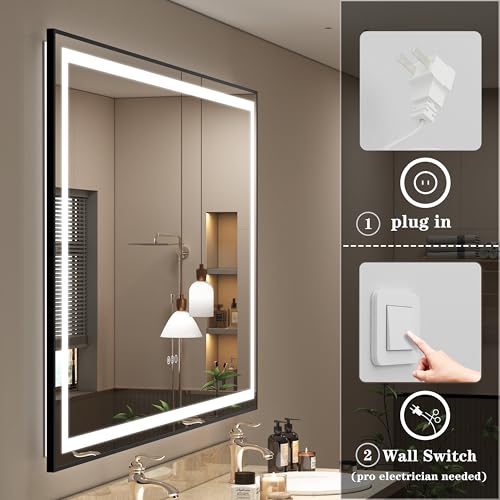 Image of 28x36 Inch Black Framed LED Lighted Bathroom Mirror