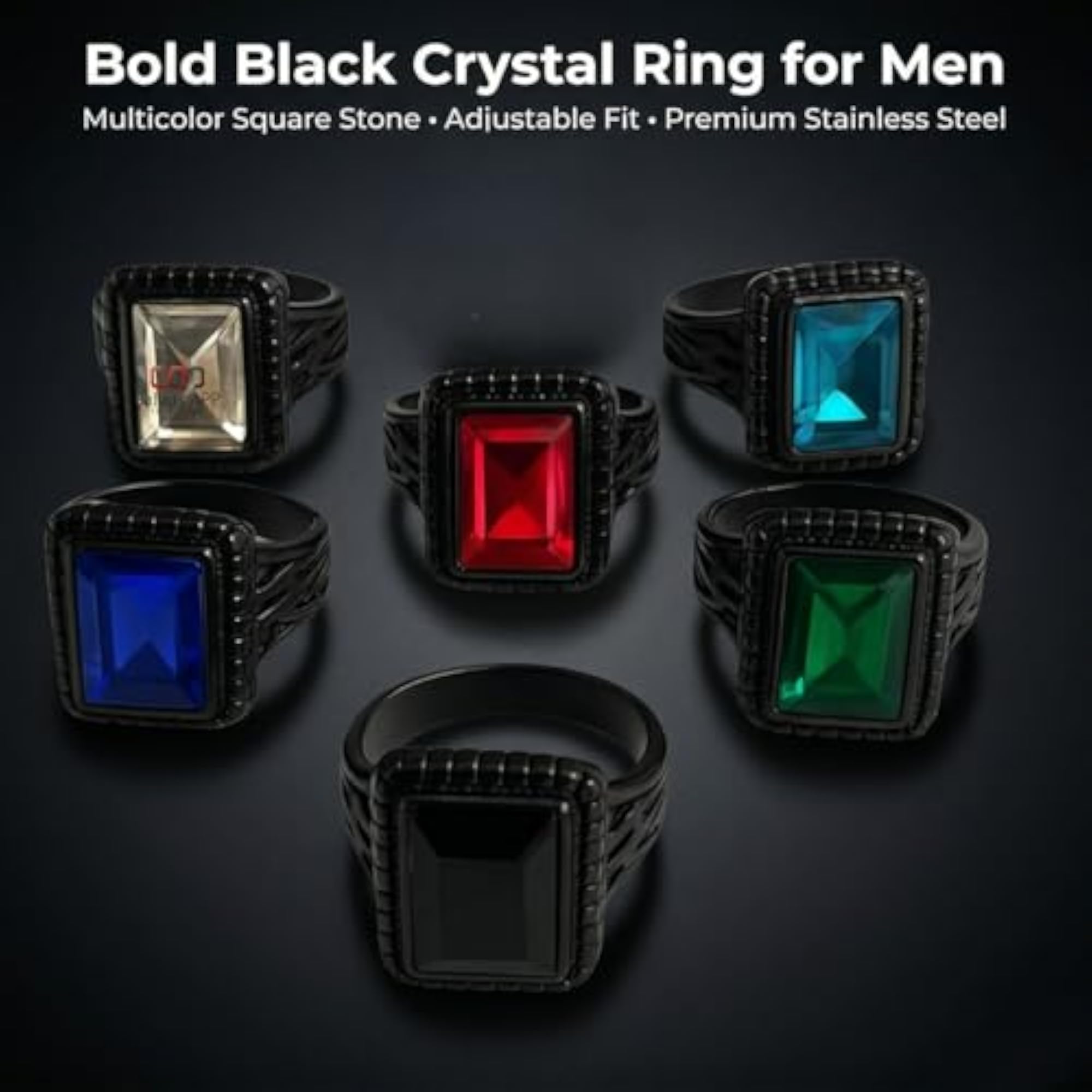 Black Multicolor Crystal Square Shaped Adjustable Ring