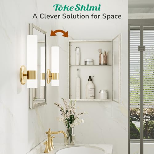 TokeShimi 14 x 18 Medicine Cabinet for Bathroom, Assembly Required, Brushed Nickel Medicine Cabinet with Mirror, Stepless Adjustable Shelves, Tempered Glass, Beveled Aluminum Frame by TokeShimi - Used condition - Image 9