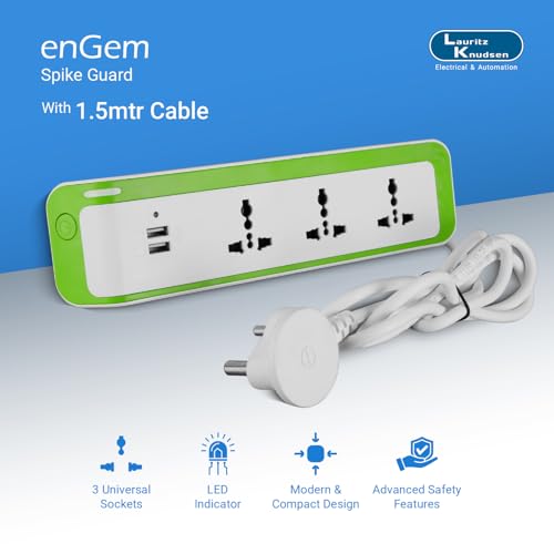Image of Lauritz Knudsen Electrical & Automation Spike Guard 3 Way with Twin USB Charger & Resettable Fuse | 3 Year Warrenty | for Laptop, Tablet, Smart Watch, Earbud | (Green & White, OA05W06)