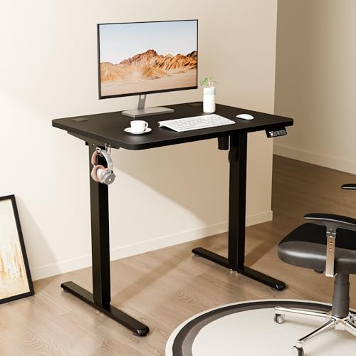 Image of ERGOMAKER Electric Standing Desk 80x60cm (31 inchx23.6 inch), Height Adjustable Sit Stand Desk with Splice Board for Home Office, Computer Desk Memory Preset (Black Frame + Black Desktop)